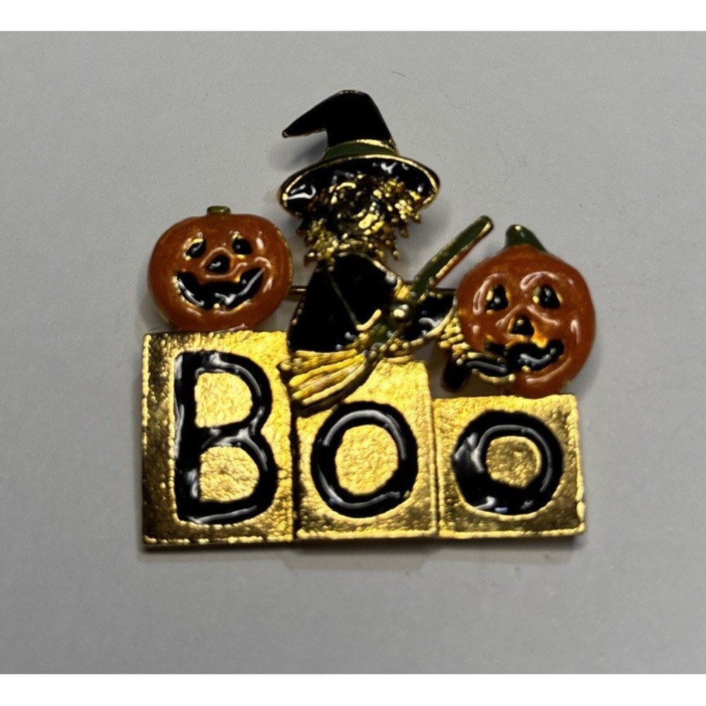 Vintage AJMC Large Halloween Cat Jack O Lantern Bat Boo Enamel Pewter Brooch Pin